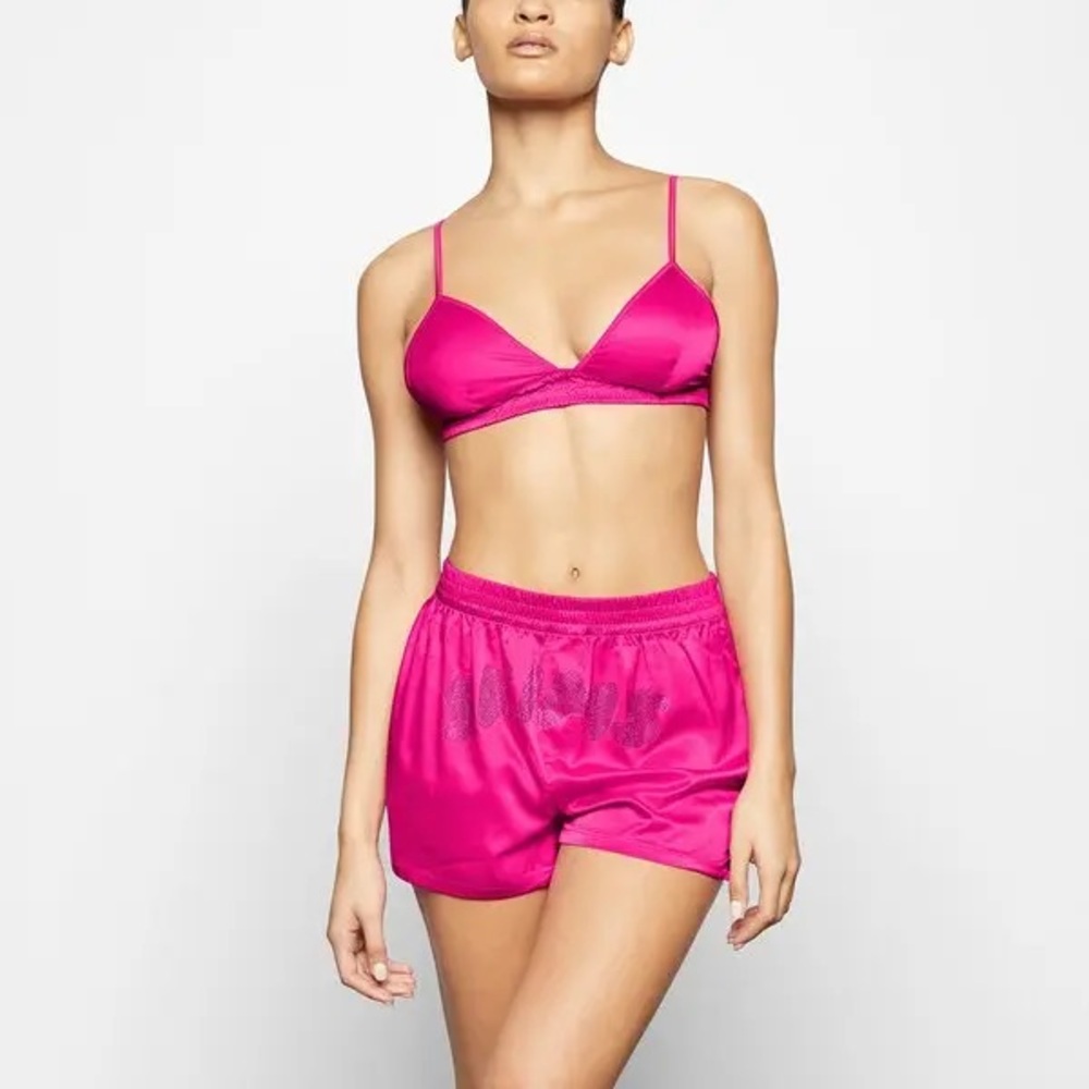 SKIMS Woven Shine Rhinestone Logo BOXERS & BRA in Raspberry - Picture 10 of 13